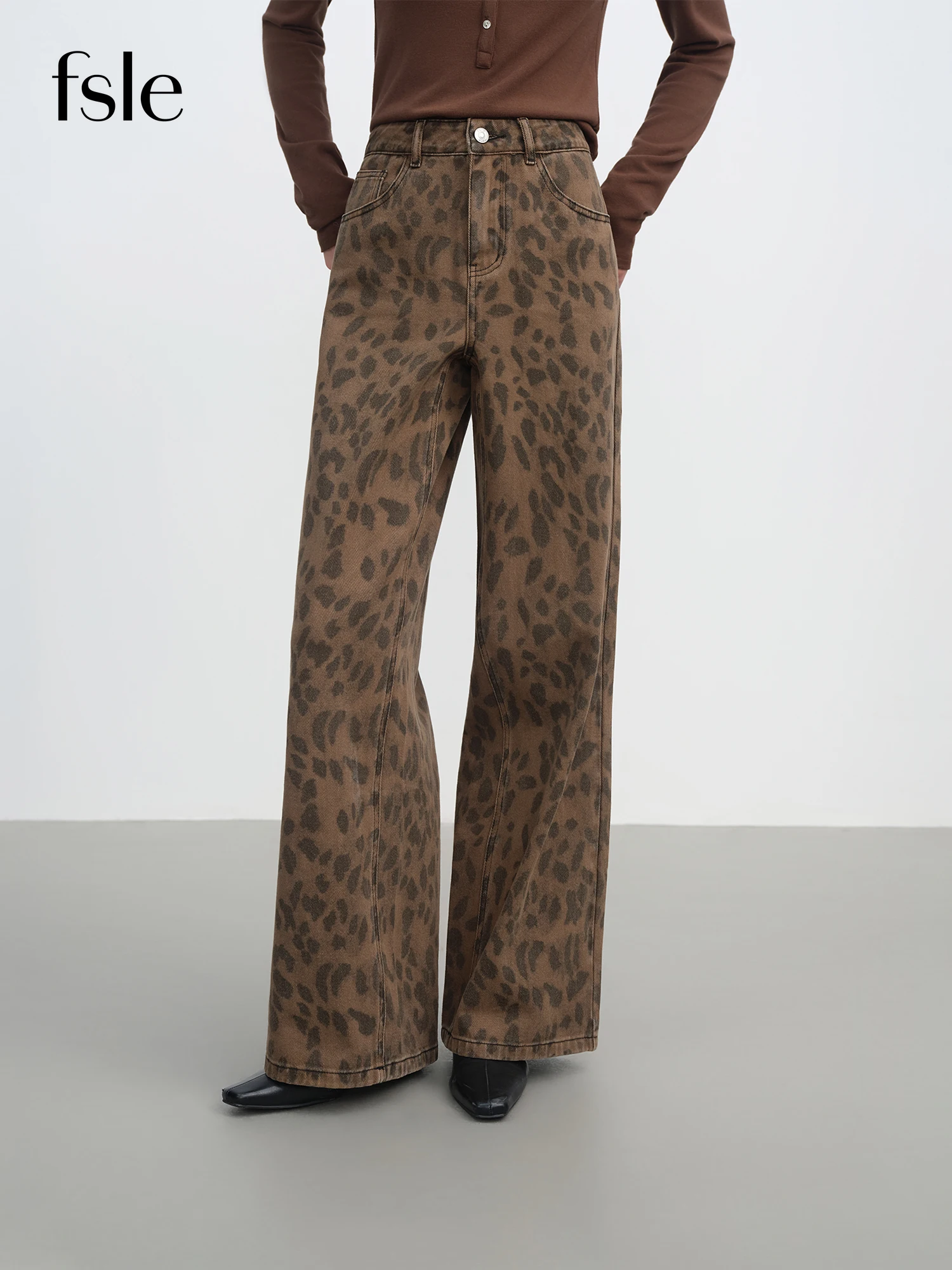 FSLE 2025 Jeans da donna nuovi Pantaloni chic marroni a gamba dritta Pantaloni casual slim fit in denim lavato a vita alta con controllo della pancia 1