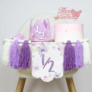 Decorazioni per metà compleanno con fiore di farfalla, 6 mesi, 1/2 compleanno, seggiolone, banner per ragazze, compleanno, decorazione per feste viola 1