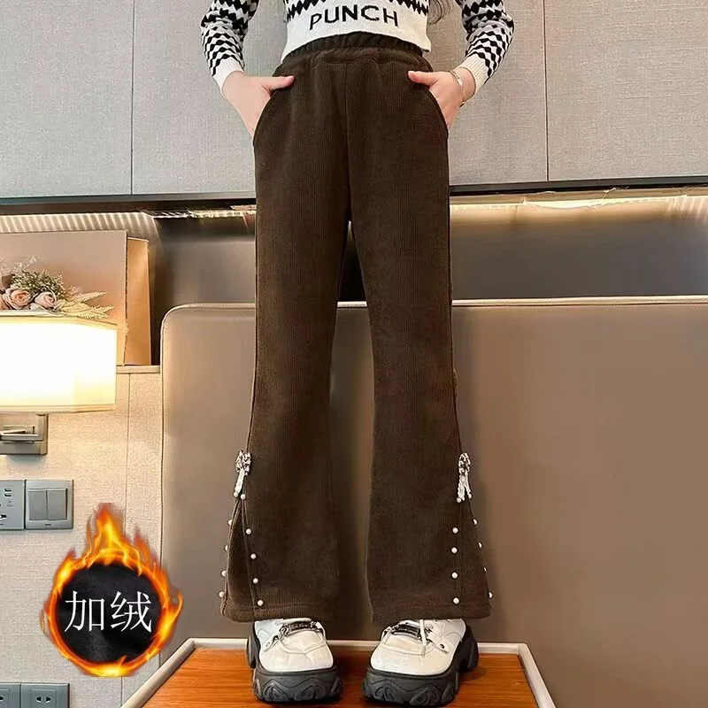 Pantaloni a zampa d'elefante da ragazza Pantaloni foderati in pile per bambini Nuovi pantaloni larghi autunno inverno Pantaloni a gamba larga moda per bambini 4-14 anni 5