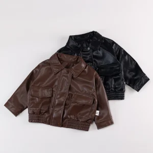  Autunno e inverno nuovo arrivo abbigliamento per neonati e bambini 2-4 anni giacca in pelle con colletto svasato per bambina casual 1