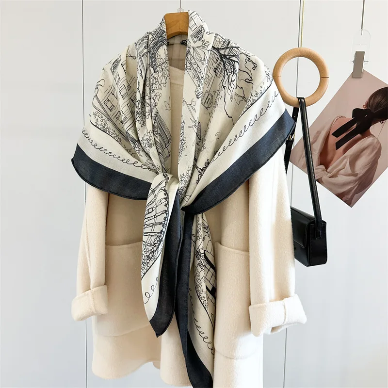 2025 Sciarpe di lana invernali da donna avvolge grande quadrato elegante scialle di lana mantello nero bianco stampato 130x130 cm 3