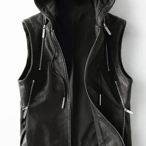Mauroicardi Primavera Autunno Lusso Elegante Fresco Nero Pu Gilet di Pelle per Gli Uomini con Cappuccio Cerniera Giacca Senza Maniche Abbigliamento Uomo 2023 1