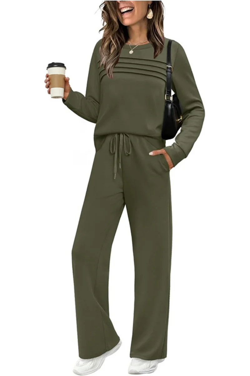 2025 Nuovo Autunno Europeo e Americano Transfrontaliero Vestito da Donna Manica Lunga Girocollo Top Casual Elastico in Vita Larga Leganti 3