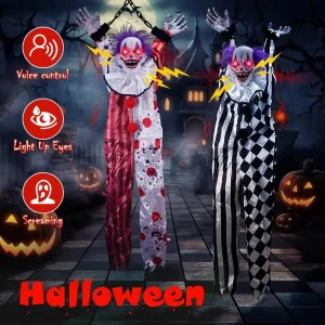 Pagliaccio da appendere spaventoso Decorazione per feste di Halloween Animatronica da clown parlante con occhi luminosi Decorazione per casa stregata 1