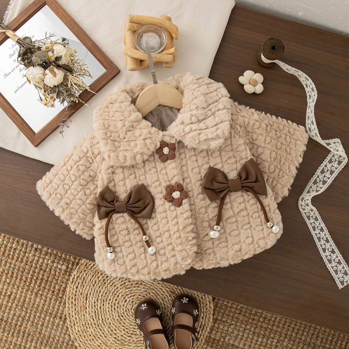 Nuovo cappotto invernale per bambina con fiocco marrone dolce, abbigliamento per bambini antivento e caldo adatto ai bambini dai 9 mesi ai 3 anni 3