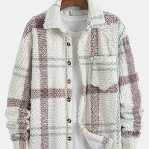 Giacca in pile da uomo con stampa scozzese a maniche lunghe con bottoni automatici e giacche casual calde capispalla 2025 1