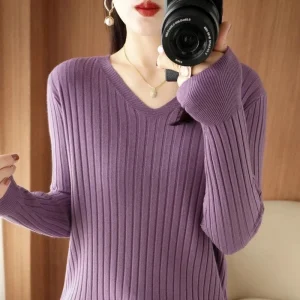 Maglione da donna Autunno Inverno Scollo a V Pullover caldi a righe Coreano Manica lunga Top basic Camicia slim fit con fondo Maglioni strecth 1