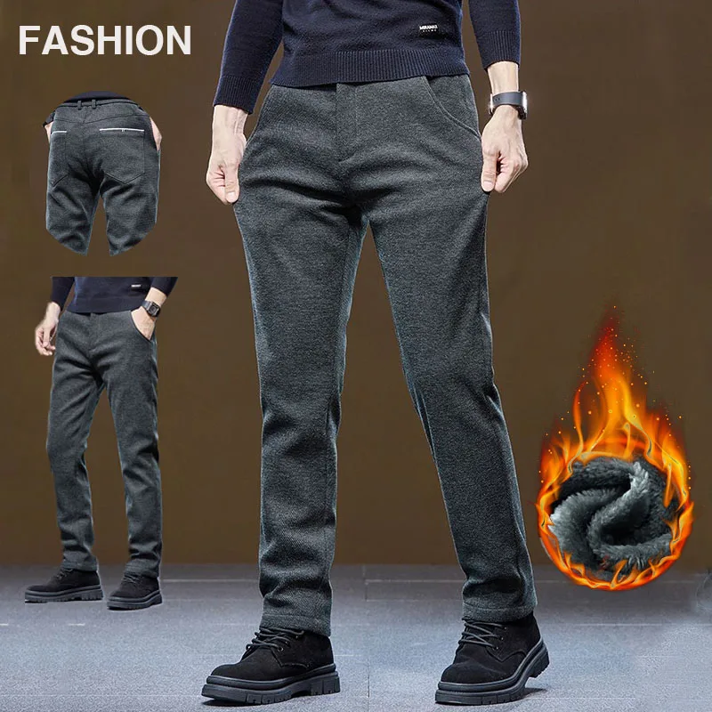 Pantaloni casual in velluto invernale da uomo addensati caldi slim fit comodi pantaloni in tinta unita in pile coreano moda da jogging all'aperto 1
