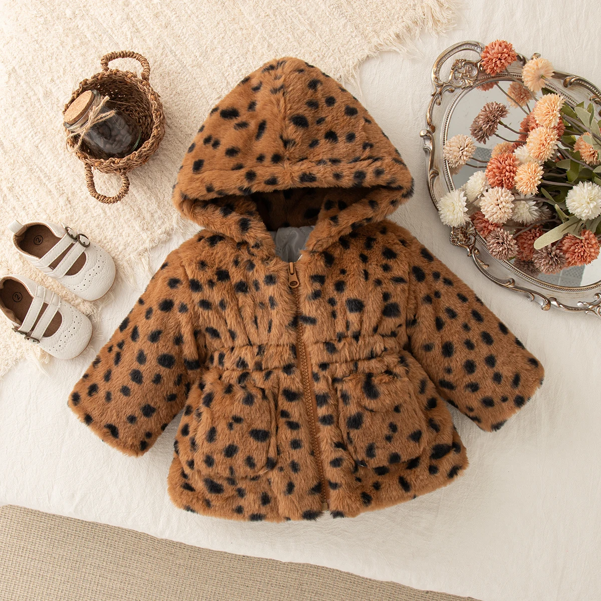 Vestiti per bambini Ragazza Inverno Completo stampato Modello a pois Caldo scamosciato di agnello Capispalla per bambina con cappuccio Cappotto casual carino per ragazza 5