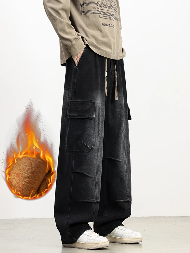 Jeans cargo in pile invernale da uomo con 5 tasche Jeans larghi dritti a gamba larga Pantaloni in denim caldo spazzolato Taglia asiatica L-6XL 4