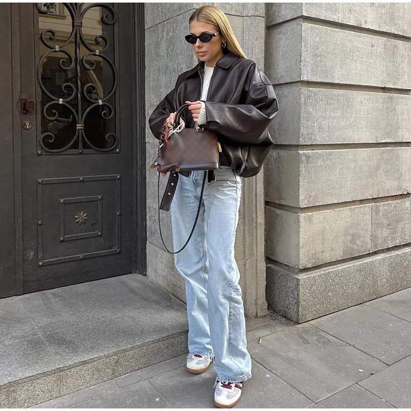 Giubbotti bomber in pelle PU vintage 2025 Autunno nuove signore cerniera risvolto manica lunga tasca cappotto con cintura streetwear allentato da donna 2