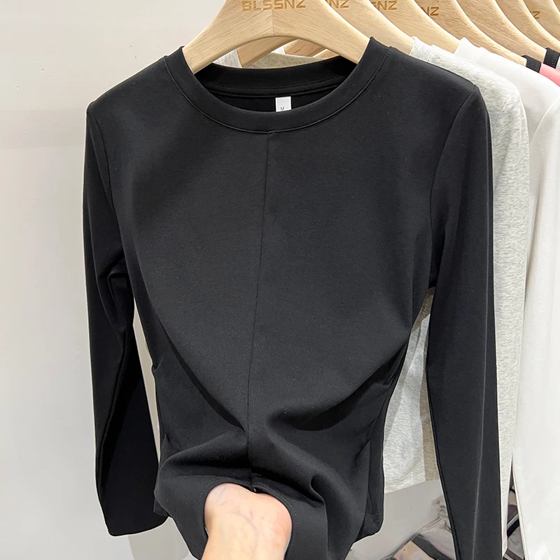 Donna Autumnr Inverno Casual Splice Top T-shirt Donna Slim Versatile Cotone Tees 2025 Basic Solid Manica lunga O Collo T Shirt 3