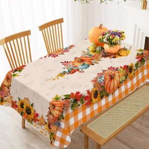 Tovaglie scozzesi di bufalo con foglie d'acero e zucche autunnali del Ringraziamento, tovaglia autunnale con girasole arancione, decorazione per tavolo da pranzo da cucina 1