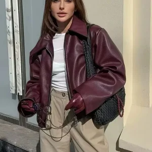 HH Vino Rosso Ecopelle Jakcet Moda Tuta Sportiva Addensare Cerniera Risvolto Pu Cappotti Autunno Inverno Streetwear Donna Top Donna 1