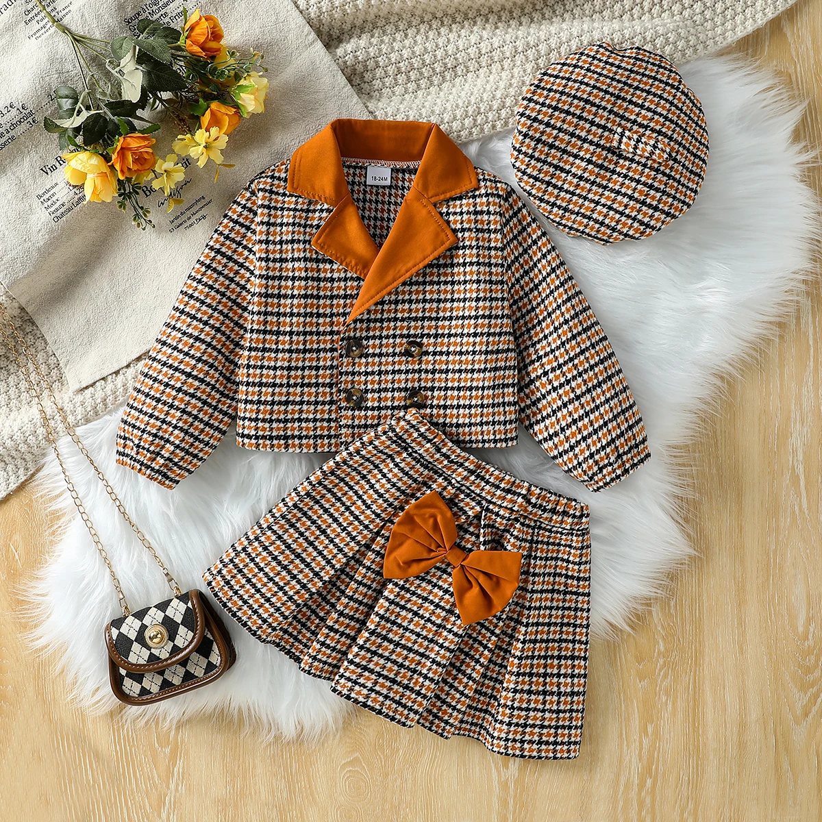 3 pezzi bambini ragazze abbigliamento autunno/inverno nuovo vestito coreano ragazze temperamento giacca e gonna scozzese set + cappello moda bambino per 1-6 anni 1