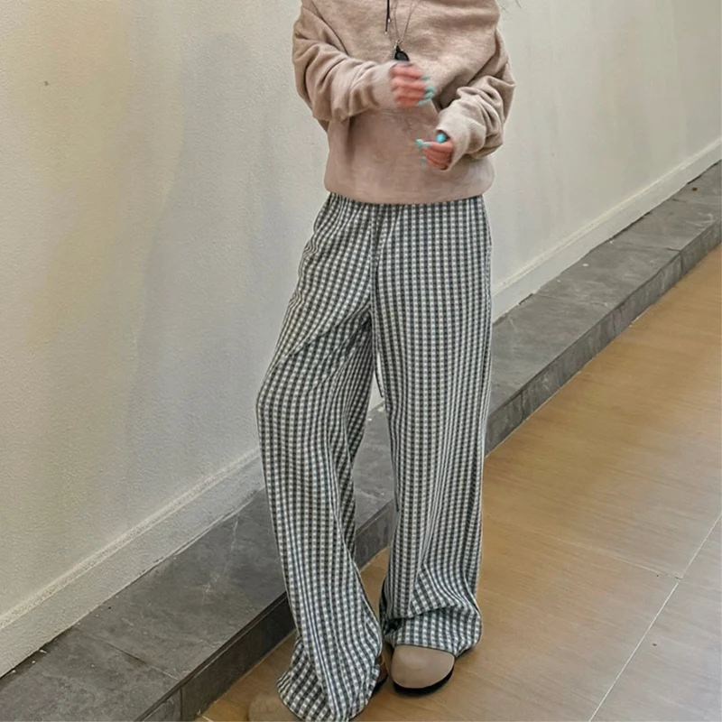Pantaloni dritti scozzesi rosa da donna autunno inverno Pantaloni a gamba larga con coulisse a vita alta 2025 Harajuku Y2K Abiti da donna da strada 4