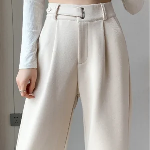 Seoulish Autunno Inverno Addensare Lana Casual Allentato Pantaloni a figura intera 2025 Nuovo bottone a vita alta Chic Pantaloni a gamba larga Donna 1