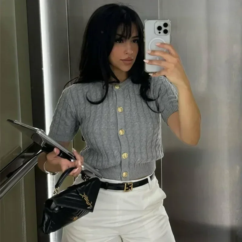 Trendix Cardigan lavorato a maglia invernale da donna Inverno Street Fashion Patchwork maglione a maniche corte a costine Autunno Pendolarismo Maglieria Crop Top 5