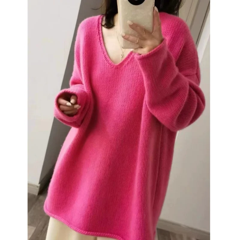 Autunno e Inverno Nuovo 100% Lana e Cashmere Maglione da Donna con Scollo a V Pullover Lavorato a Maglia Allentato Moda Top da Donna di Vendita Caldo 4