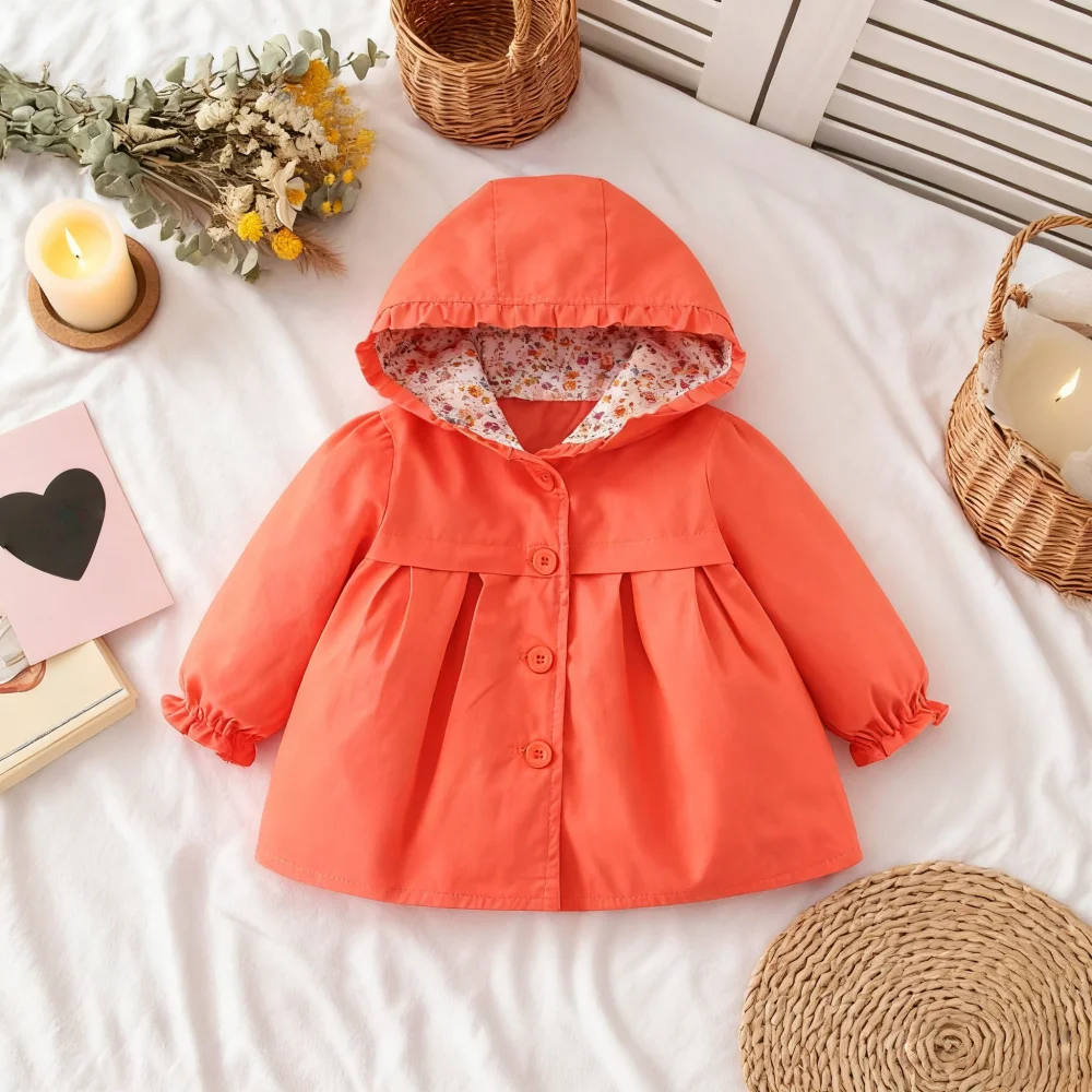 Abbigliamento per bambini Primavera e autunno Giacca per bambini con cappuccio in cotone tinta unita Giacca a vento per ragazze casual Cappotto per bambina 4