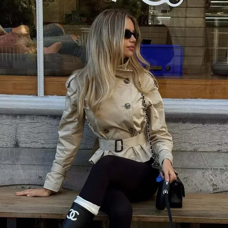 YENKYE Vintage doppio petto con cintura giacca a vento corta per donna manica lunga collo alto moda elegante cappotto femminile da strada 1