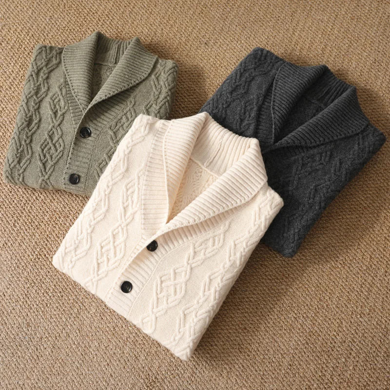 2025 Autunno Inverno Nuovo Cinque Aghi di Spessore 100% Maglione di Lana Merino da Uomo Risvolto Cardigan in Maglia Business Casual Camicia Calda Menswear 5