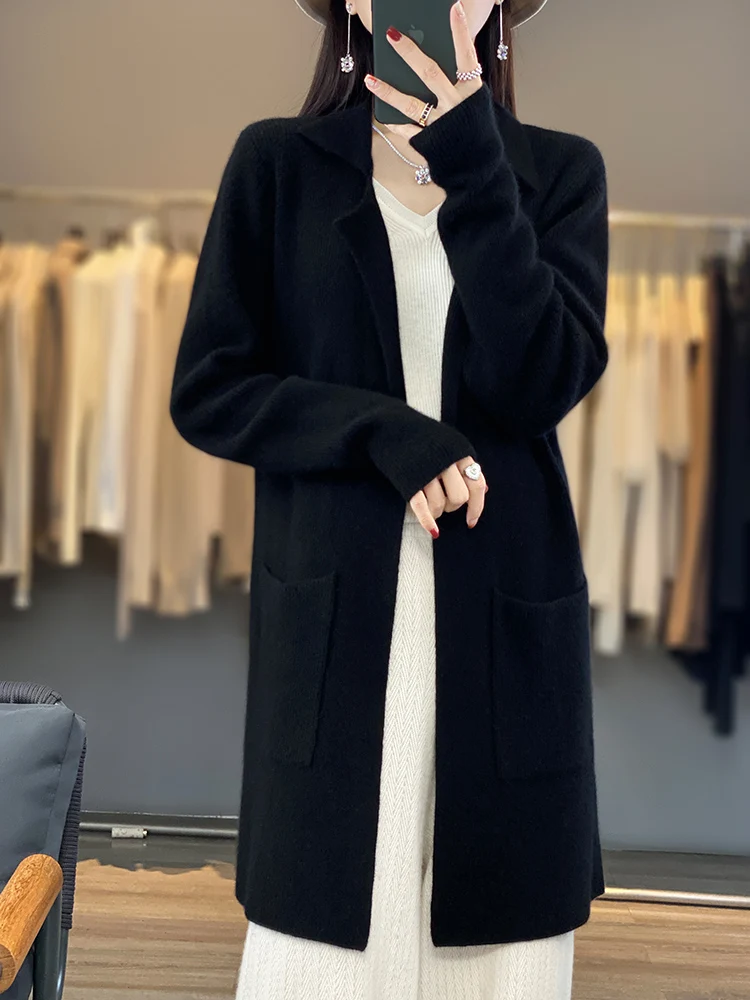 Autunno Inverno Donna 100% lana merino soprabito maglione scollo a V stile lungo cardigan manica lunga maglieria abbigliamento casual in cashmere 5