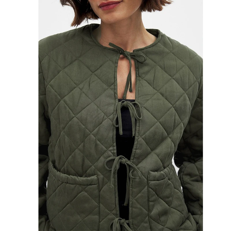 Giacca trapuntata elegante con lacci da donna Nuovo arrivo girocollo manica lunga caldo cappotto invernale con tasche Abiti da donna 4