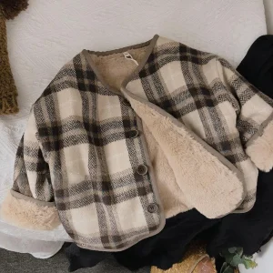 Cappotto di peluche per bambini in lana scozzese versione coreana autunno e inverno nuovi cappotti per ragazzi e ragazze vestiti imbottiti in cotone per bambini 1
