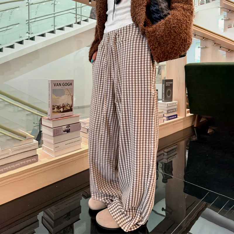Pantaloni dritti scozzesi rosa da donna autunno inverno Pantaloni a gamba larga con coulisse a vita alta 2025 Harajuku Y2K Abiti da donna da strada 3