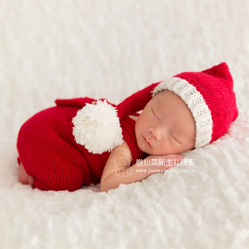 Puntelli per fotografia neonato Cappello Abito natalizio Lavorato a maglia Babbo Natale Pompon all'uncinetto Pagliaccetto per neonato Tuta Servizio fotografico Studio 2