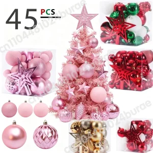 Set di decorazioni per palline di Natale in plastica da 45 pezzi, ciondolo da appendere per albero di Natale nero rosso rosa con decorazioni per corde sospese 1