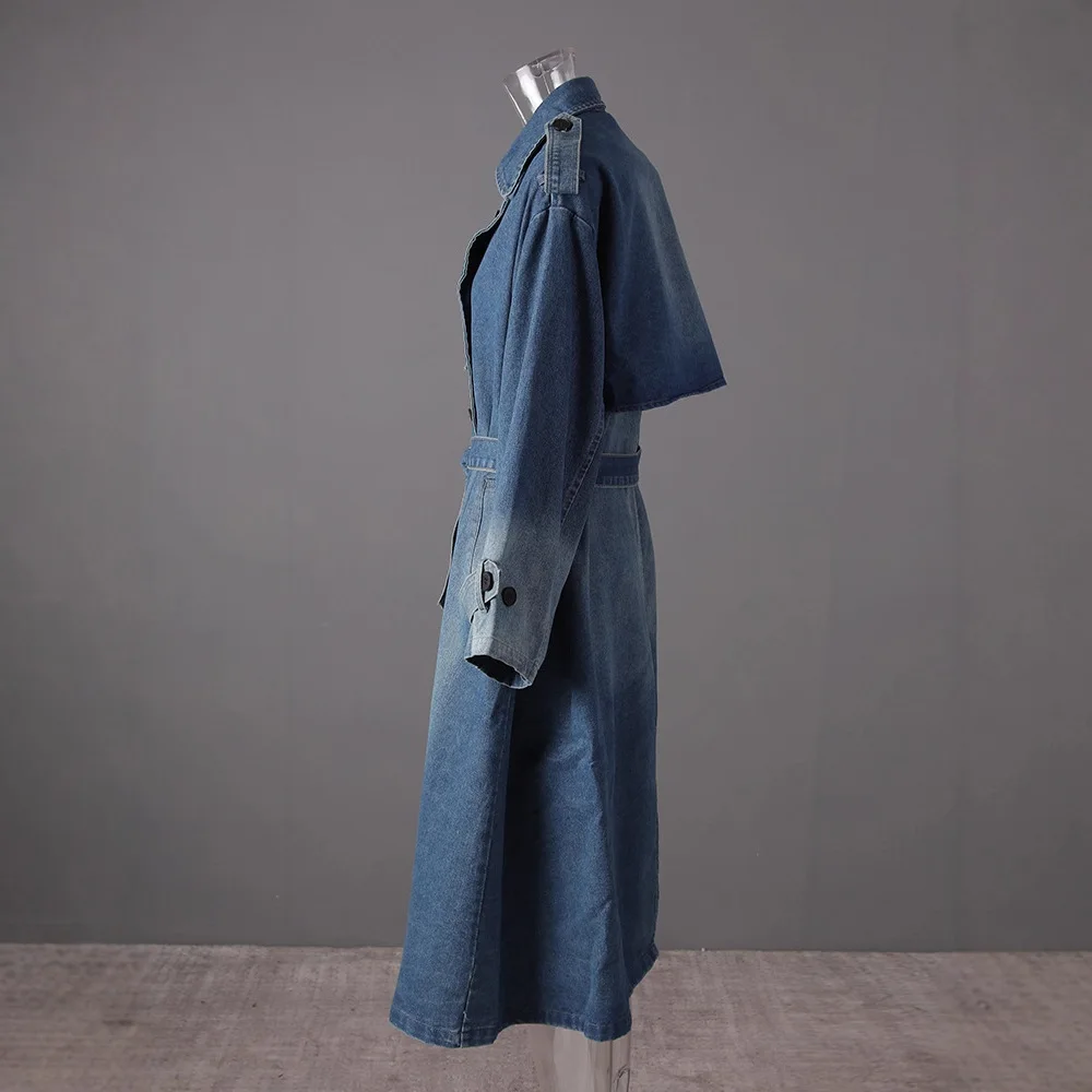 SuperAen 2025 Autunno e Inverno Nuovo Trench di jeans impiombato per le donne Cappotti lunghi casual oversize blu retrò allentati 3