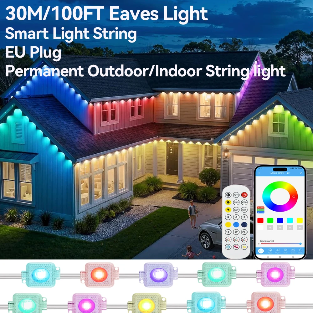100FT/30M Luce Permanente 60LED Gronda RGB Stringa di Luce Bluetooth Luce Esterna Musica Timer IP65 Impermeabile Festa Decorazione di Festa 1