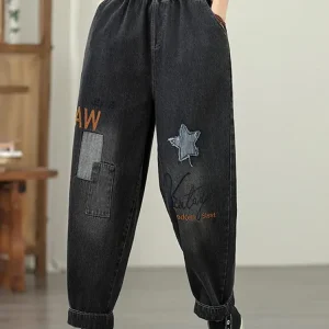 Jeans dritti in vita elastica a vita alta retrò moda stile etnico da donna 2025 nuovi pantaloni Harem con toppa allentata autunno e inverno 1