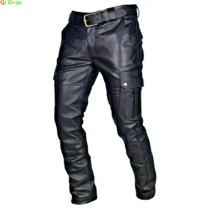 Pantaloni da moto in pelle da uomo con tasche cargo, neri, pantaloni in PU senza cintura, pantaloni da uomo taglia grande S-5XL 1