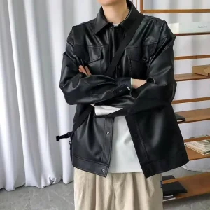 Nuova giacca antivento casual da uomo con risvolto in pelle PU autunno e inverno 1