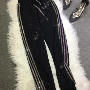 Pantaloni della tuta oversize autunnali e invernali con strass a quattro barre e diamanti Pantaloni della tuta dimagranti alla caviglia da donna 1