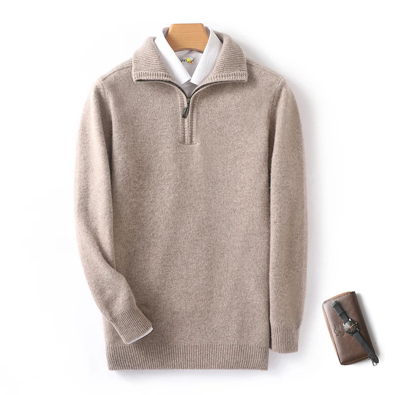 Autunno e inverno nuovi uomini 100% lana merino maglione casual lavorato a maglia business mezza zip pullover addensato caldo manica lunga felpa 2