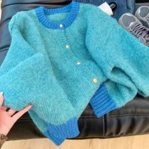 ITOOLIN Cardigan monopetto Manica lunga Patchwork Maglione lavorato a maglia O-Collo Cappotto caldo casual Capispalla da ufficio Autunno Inverno 1