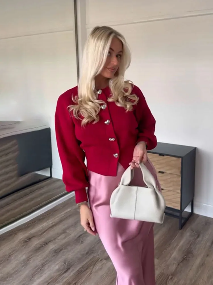 HH Moda Donna Solid Top Bottoni a forma di cuore Cardigan Donna Primavera Casual Manica lunga O-Collo Maglioni lavorati a maglia Cappotti 6