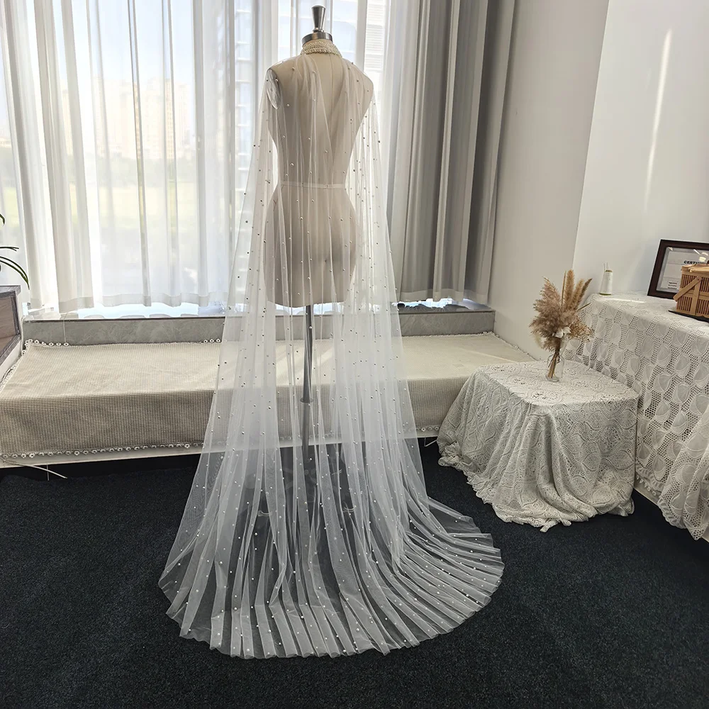 Scialle con strascico lucido di lusso - Personalizzazione di perle fatte a mano - Morbido tulle pregiato 1