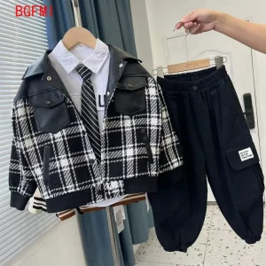 3-12Y Nuovo di Alta Qualità Adolescenti Ragazzi Cappotto Casual Coreano di Lana e PU Patchwork Giubbotti Neonate Top capretto Giacca monopetto 1