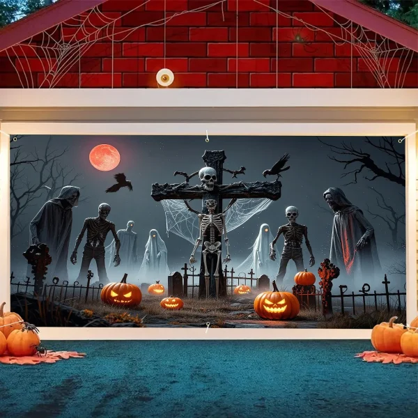 VIKAMA Bandiera da garage in poliestere a tema Halloween - Design con teschio horror, zucca, pipistrello e teschio, decorazione di Halloween 5