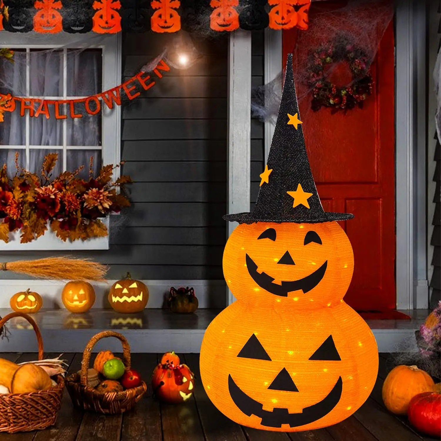 Simpatiche decorazioni di zucca di Halloween Luci di zucca pieghevoli Jack-o-lantern per decorazioni per interni ed esterni, feste, cortile 1