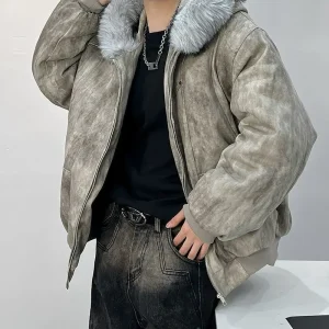 Giacca invernale da uomo in cotone con collo in pelliccia, ricamo con aquila e design tie-dye, giacca stile outdoor addensa e comoda 1