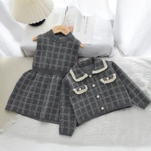 Autunno Inverno Moda Elegante Vestiti per ragazze Giacca cardigan a maniche lunghe scozzese + Abito senza maniche Abbigliamento per bambini in tinta unita 1