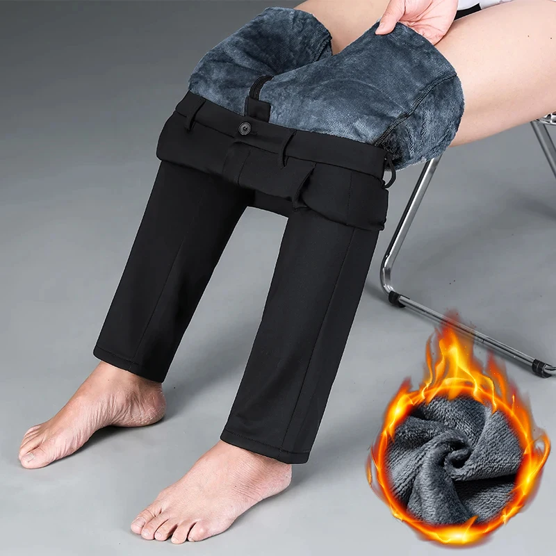 Pantaloni casual da uomo in flanella spessa blu navy inverno nuovo pile business elasticizzato pantaloni caldi in peluche pantaloni maschili dritti slim di marca 6