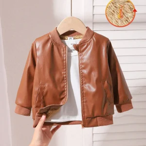 Giacca in pelle stile street per neonato autunno e inverno Cappotto morbido e in pile caldo marrone caffè alla moda 1