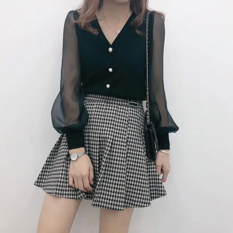 Camicette stile primavera autunno da donna Camicia da donna con bottoni lavorati a maglia Manica lunga Tinta unita Patchwork in pizzo Top SP820 3